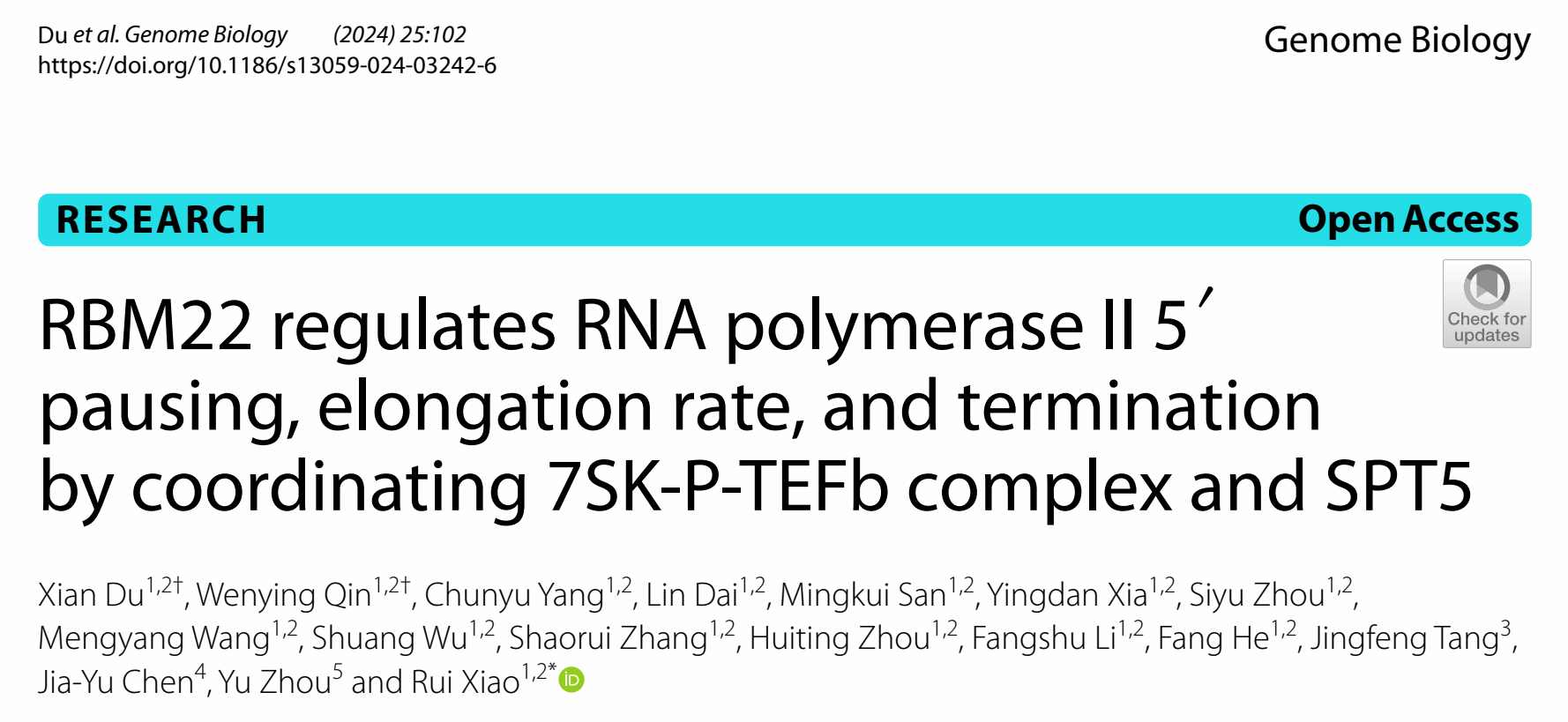 肖锐团队研究揭示剪接因子RBM22“兼职”转录调控